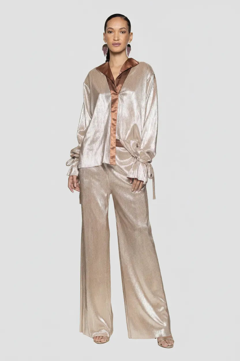 Tie Sleeve Rose Gold Shimmer Pleated Tuxedo Top