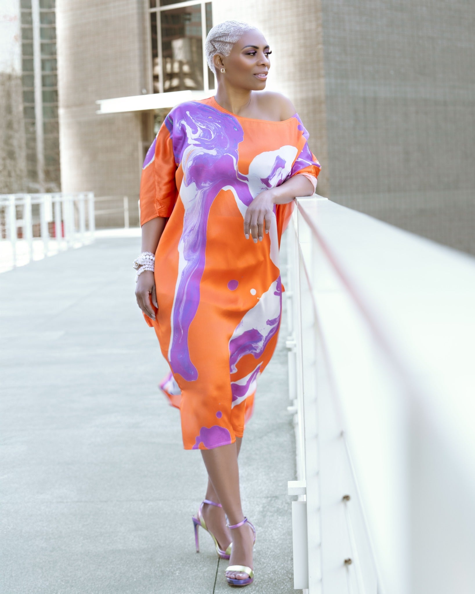 Orange Purple Marble Dolman Sleeve Dress