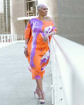 Orange Purple Marble Dolman Sleeve Dress