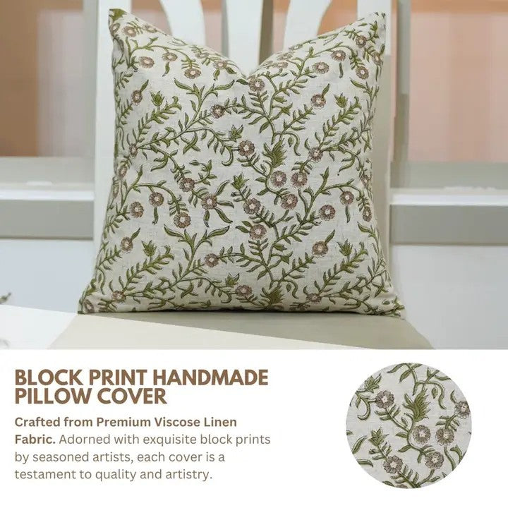 Home Decor Hand Block Print Viscose Linen Pillow Cover - Shejan