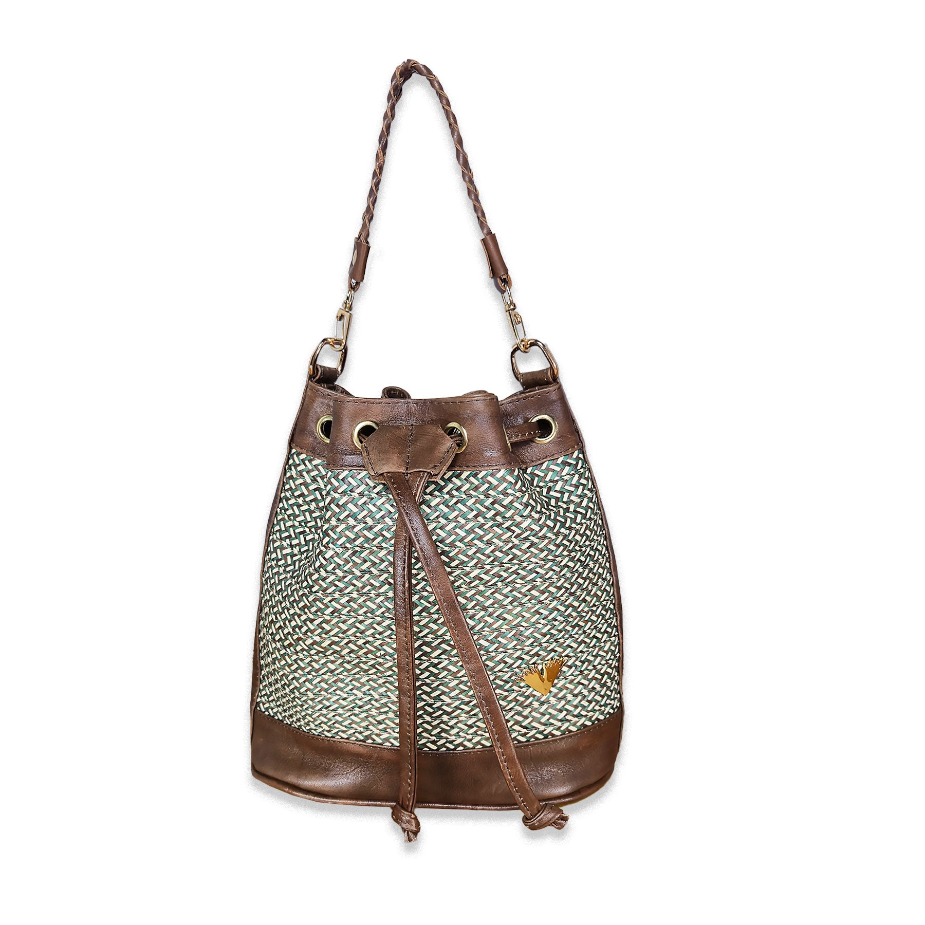 Dark Brown Leather Terra Bag – Handmade Crossbody & Handbag, Timeless Palm Weave Bucket Bag