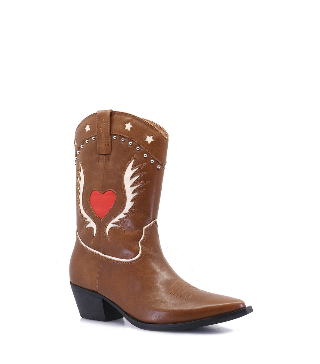 Texas Heart & Star Leather Brown Boots Shirp