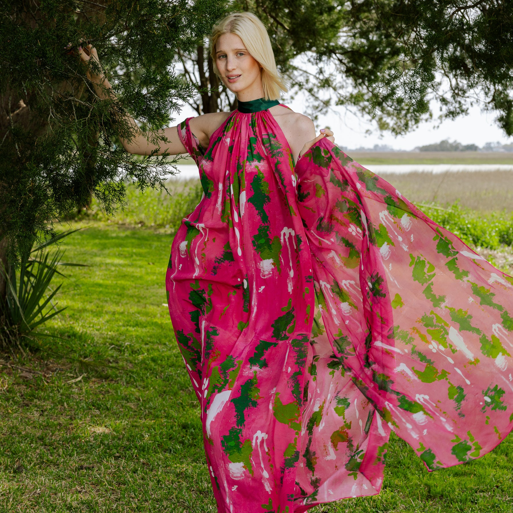 Pink Green Wall Splash Gathered Maxi Dress