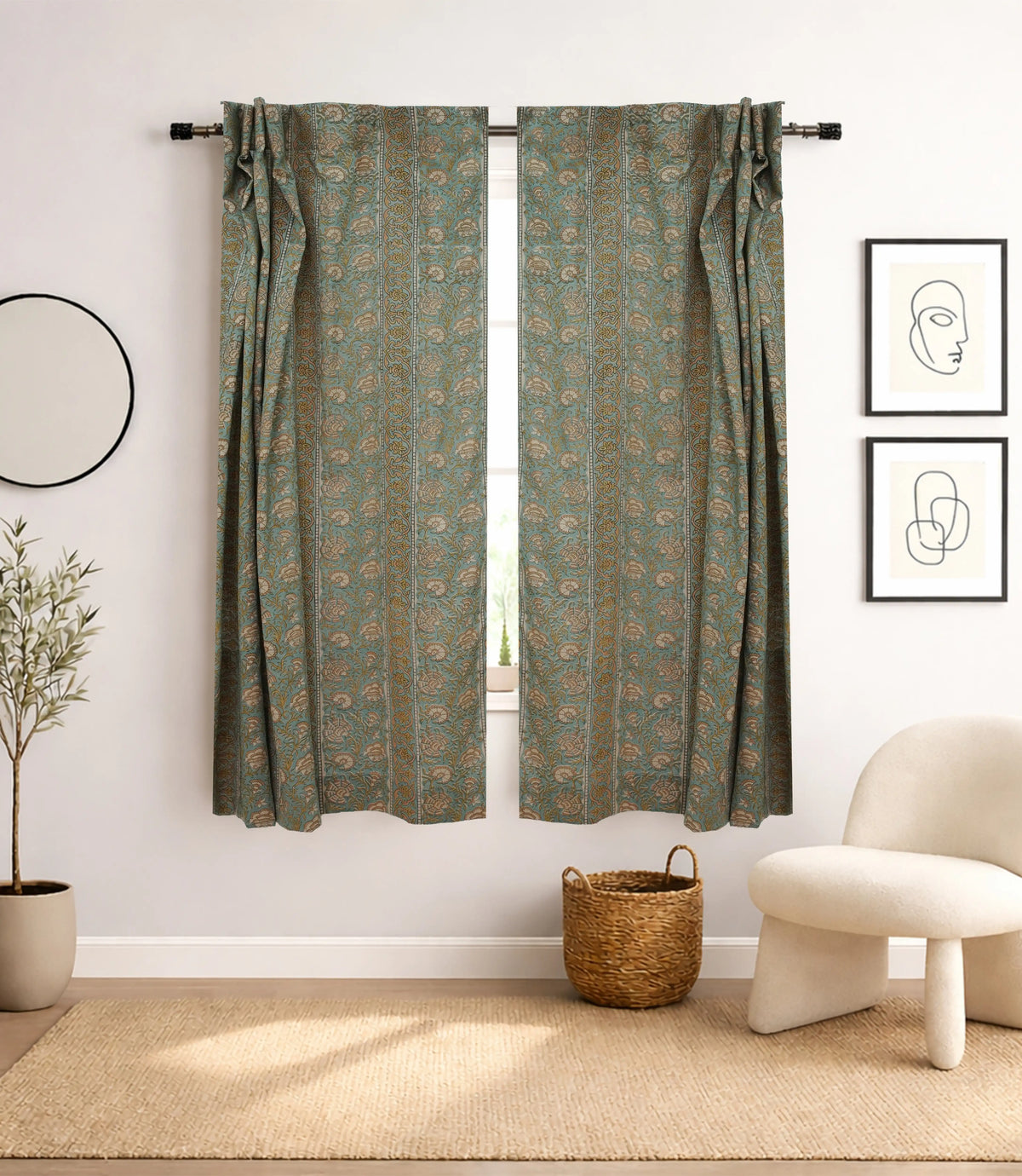 Sonakshi Handmade Floral Block Print Viscose Colored Linen Curtain