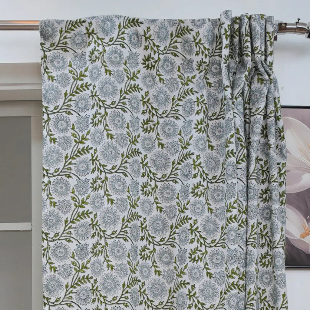 Bohemian Gray Floral Handmade Linen Curtain - Nature Block Print Window Panel | Rajat     