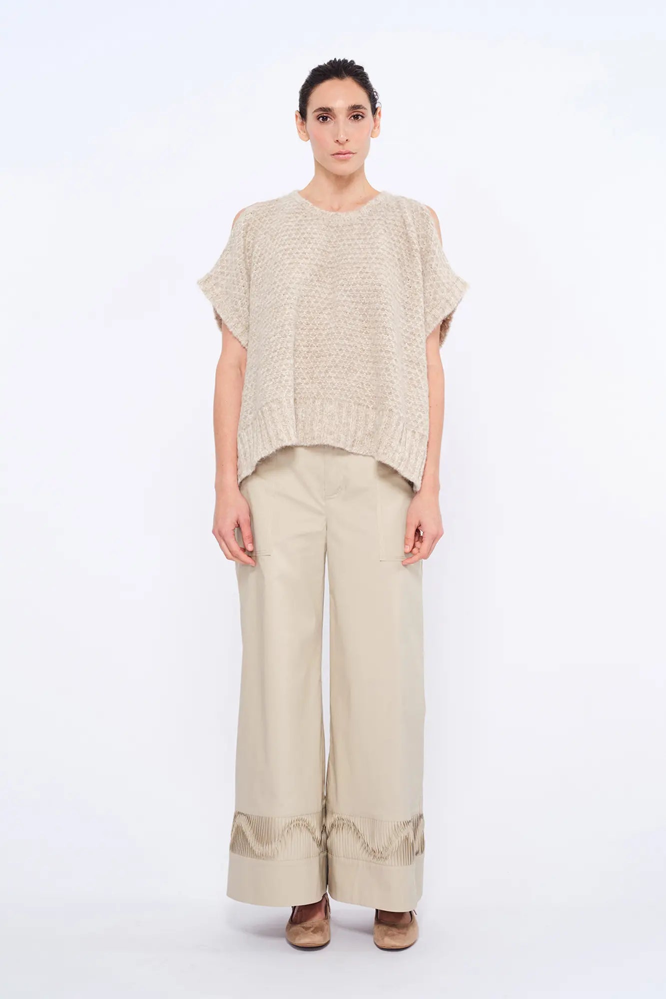 Chelsea Openwork Alpaca Poncho | Beige Melange