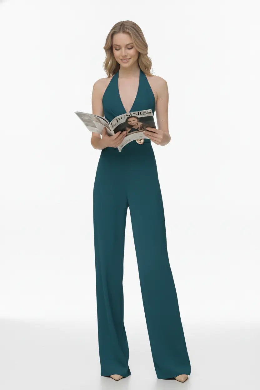Teal Halter Jumpsuit – Gold Brooch