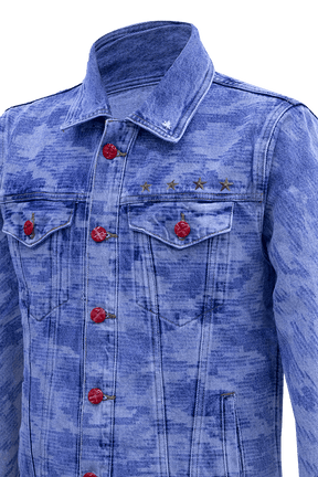 Classic camo denim jacket with red buttons