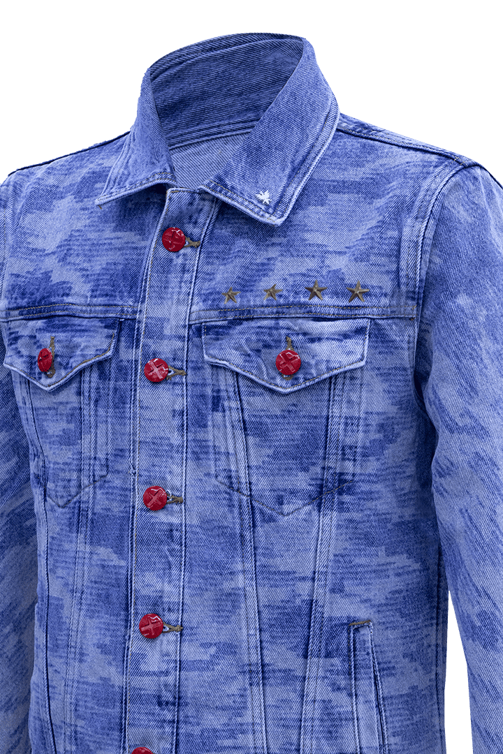 Classic camo denim jacket with red buttons