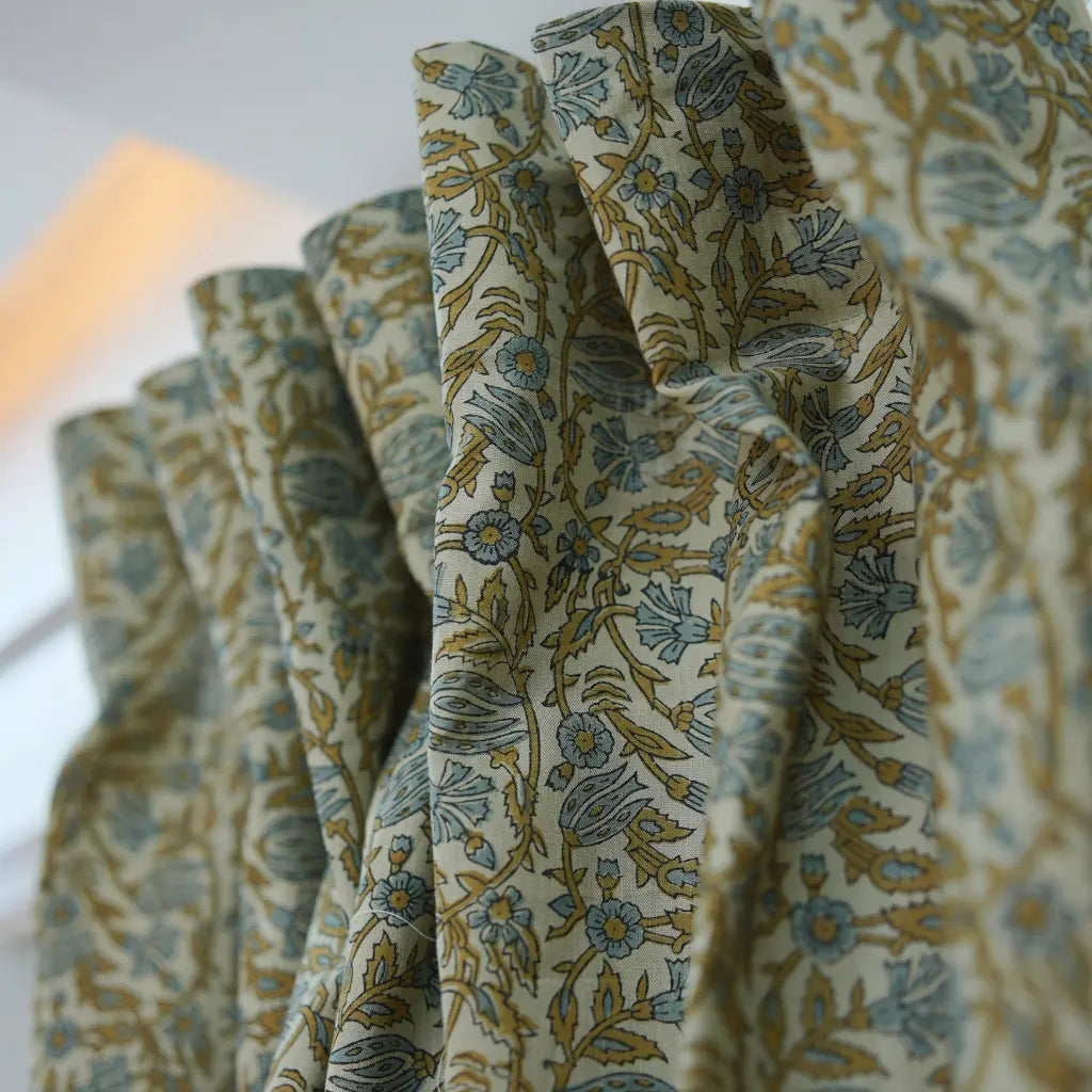 Gray Green Floral Block Print Linen Curtain Handmade Light Filtering Panel - Vanmala
