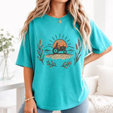 Vintage Farmer Tractor Sunset Graphic T-Shirt | Seafoam Teal Country Farmhouse Cotton Tee