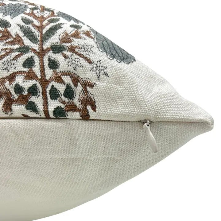 Floral Hand Made Block DesignThick Cotton White Pillow Cover  - Swadesh