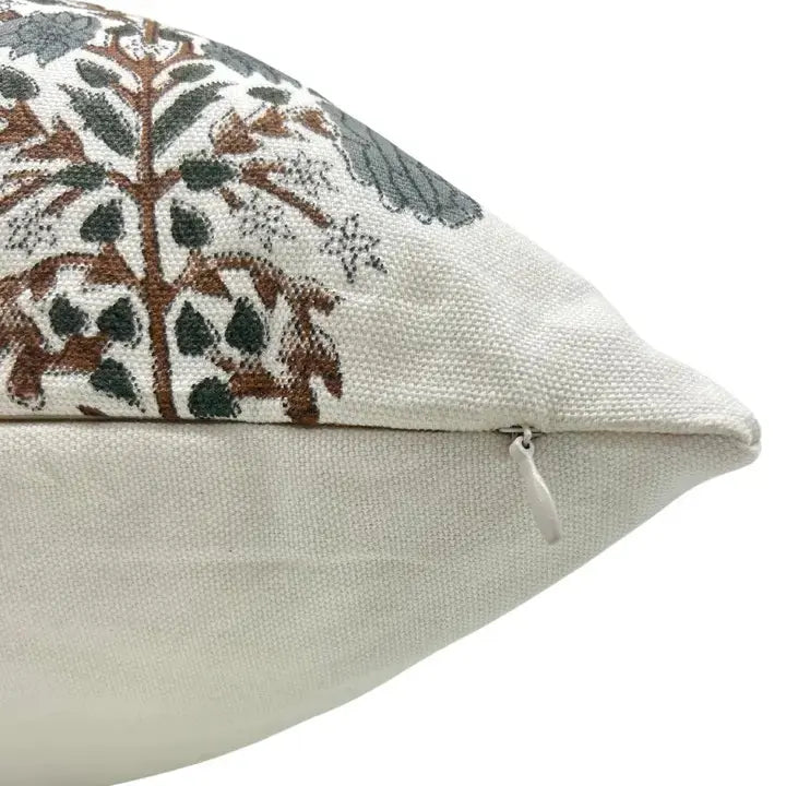 Floral Hand Made Block DesignThick Cotton White Pillow Cover  - Swadesh
