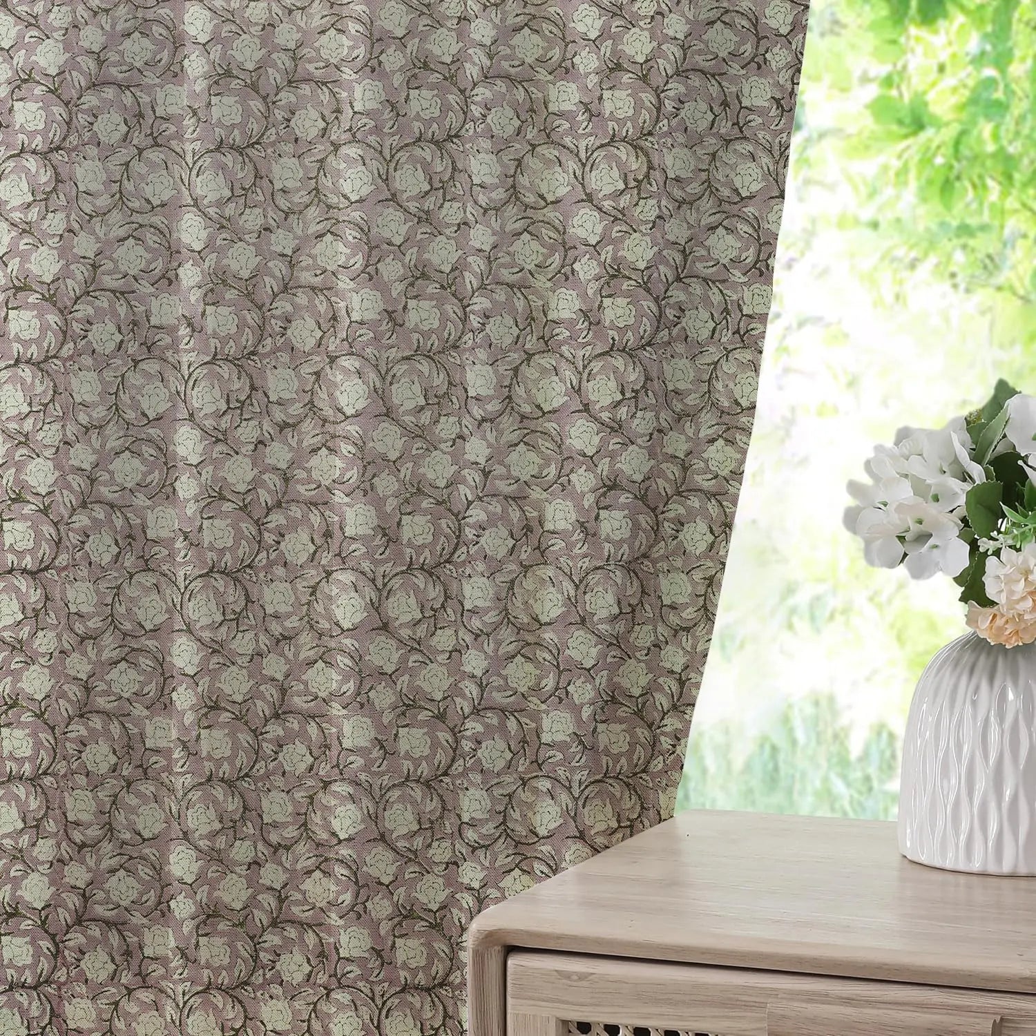 Floral Hand Block Print Thick Linen Pleated Curtain - Amritvela