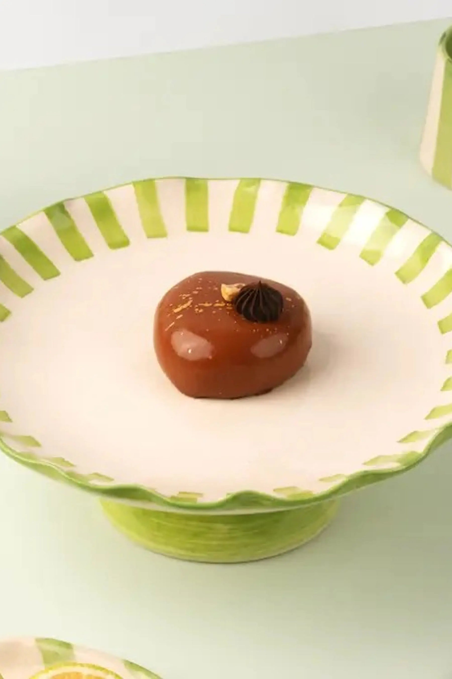 Ceramic Stripe Cake Stand, 10 X 10 X 3.75 Inches- Green
