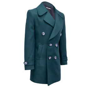 Green double-breasted coat.