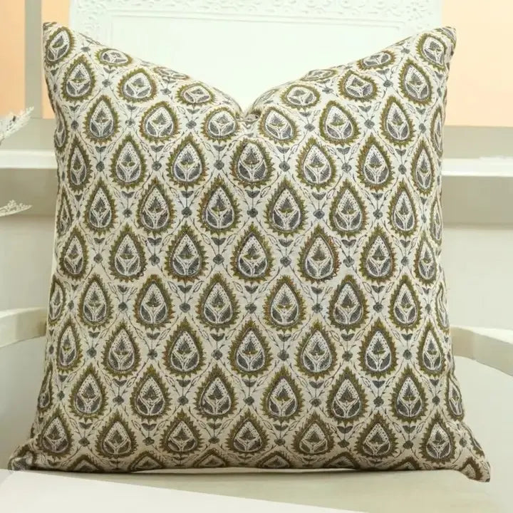 Natural Handmade Block Print Viscose Linen Pillow Cover - Pan Patti