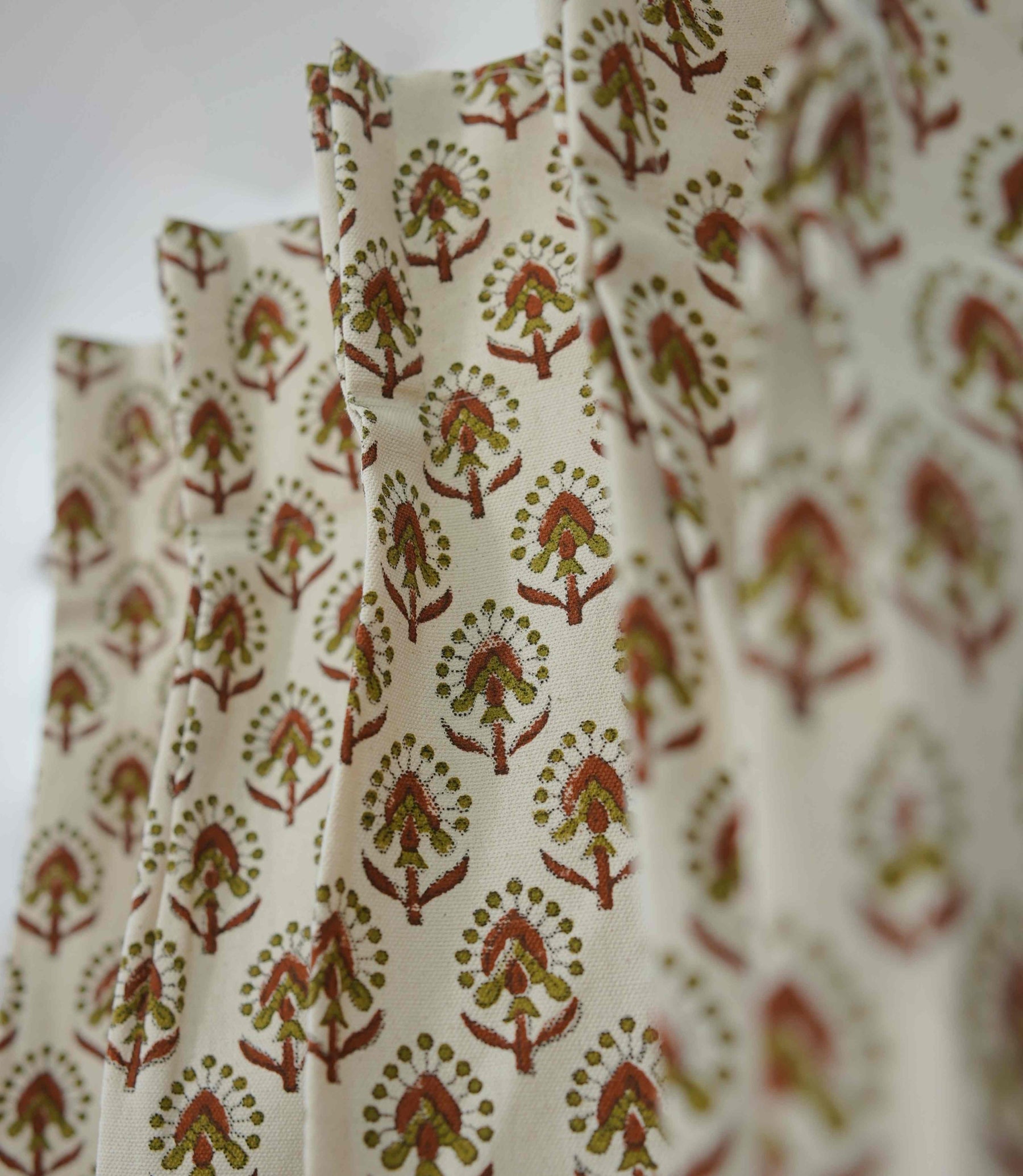 Handmade Block Print Cotton Curtain Gurukul Red & Green, Semi Sheer Window Drapes