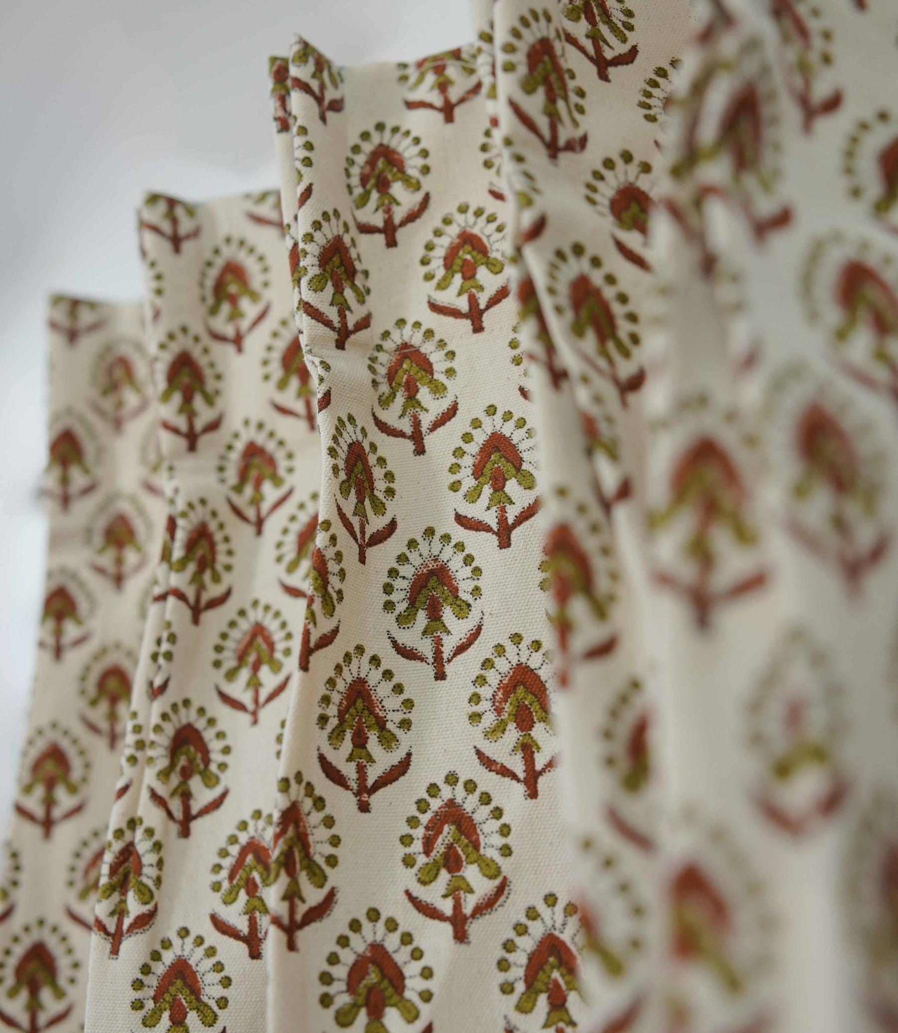 Handmade Block Print Cotton Curtain Gurukul Red & Green, Semi Sheer Window Drapes