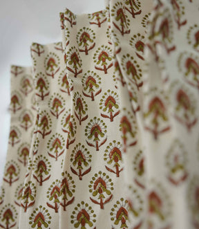 Handmade Block Print Cotton Curtain Gurukul Red & Green, Semi Sheer Window Drapes