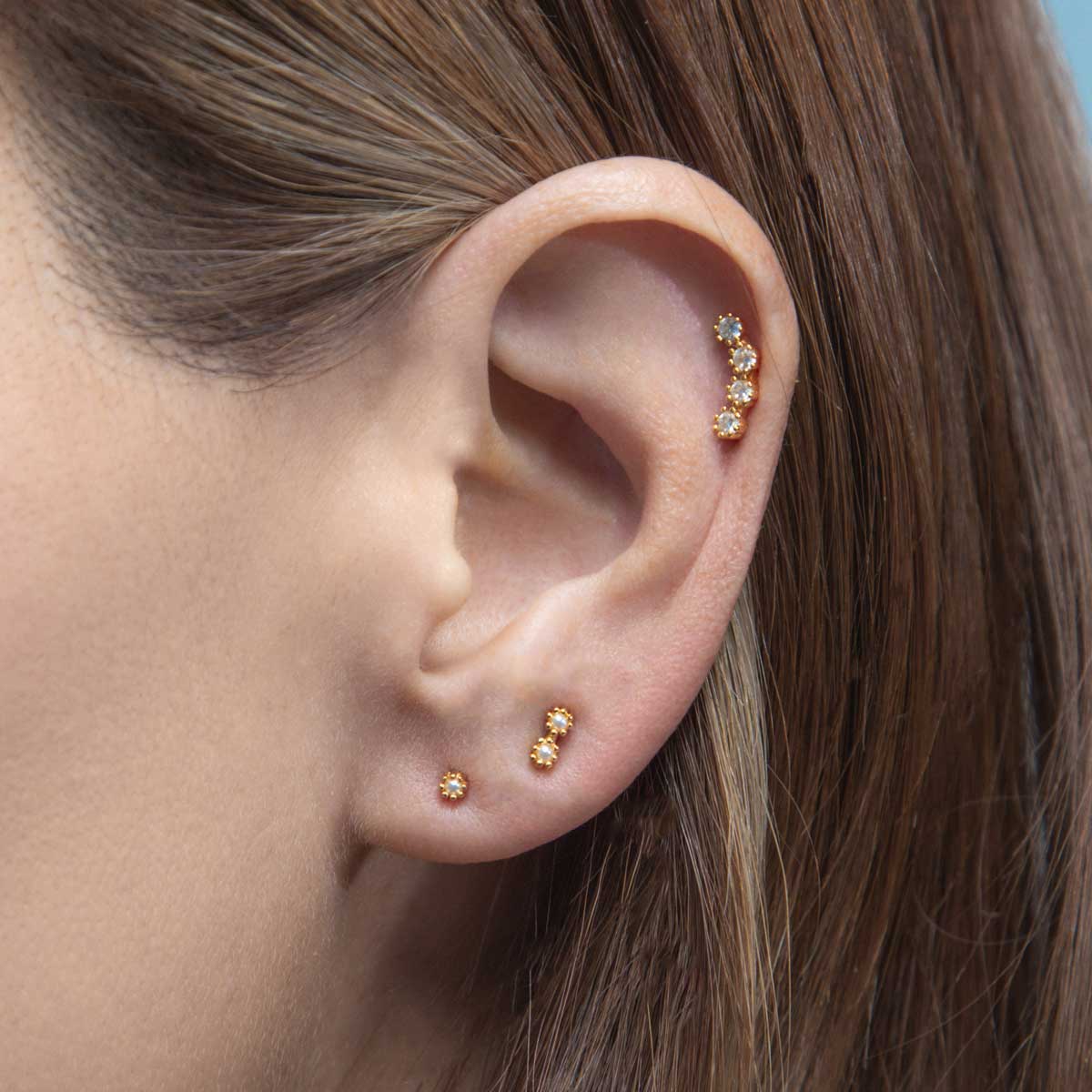 3 Flower Climber Gold Earring Stud Set Pave Pearl Sterling Silver