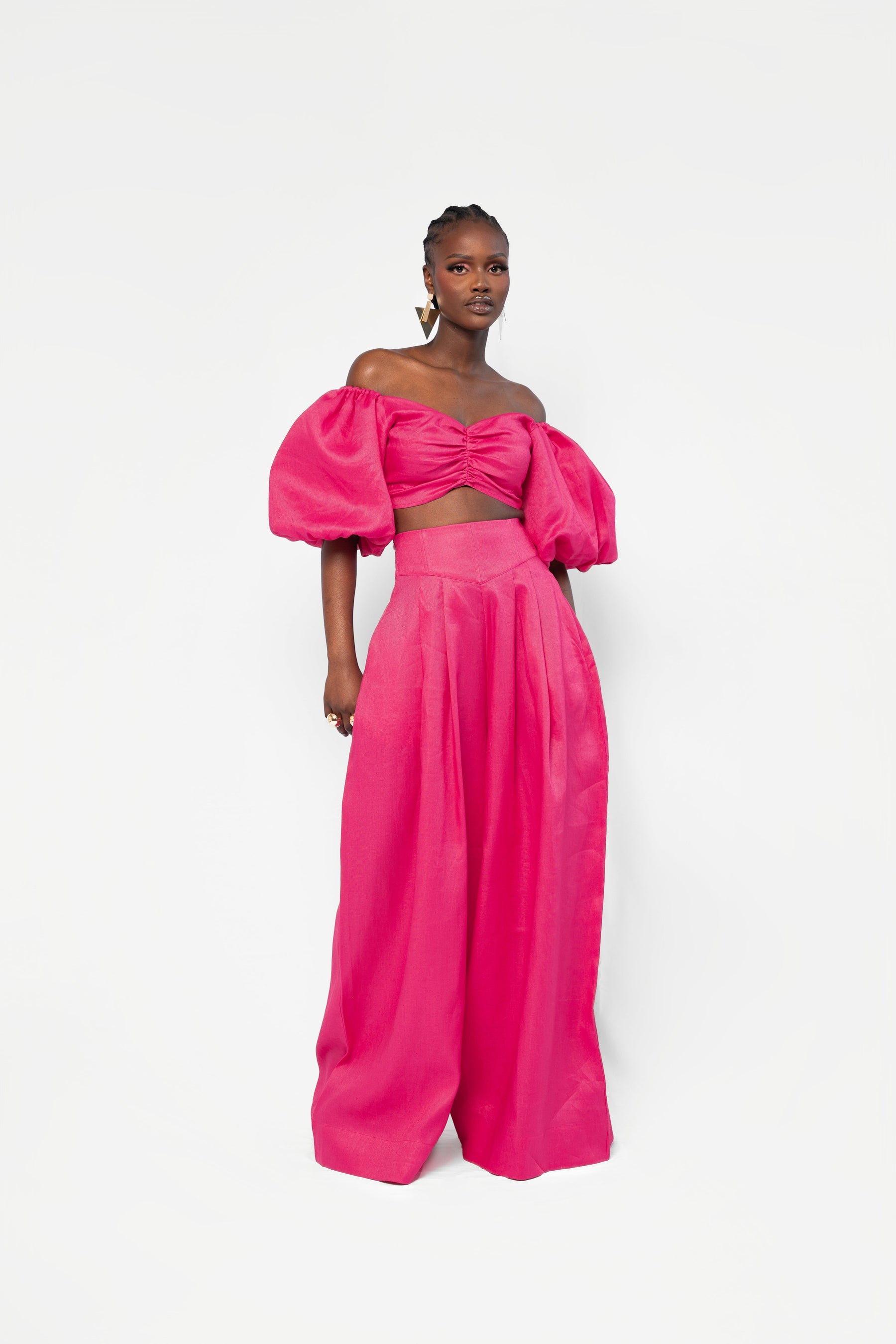 Linen SKYE Puffy Sleeve Crop Top in Pink
