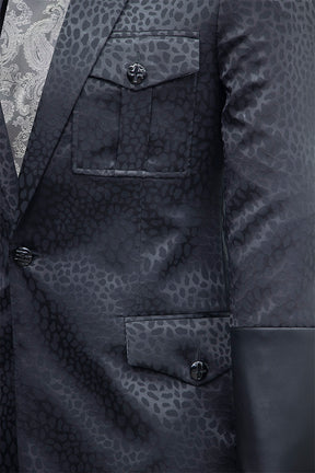 Black Animal Print Blazer Featuring Synthetic Leather Accents