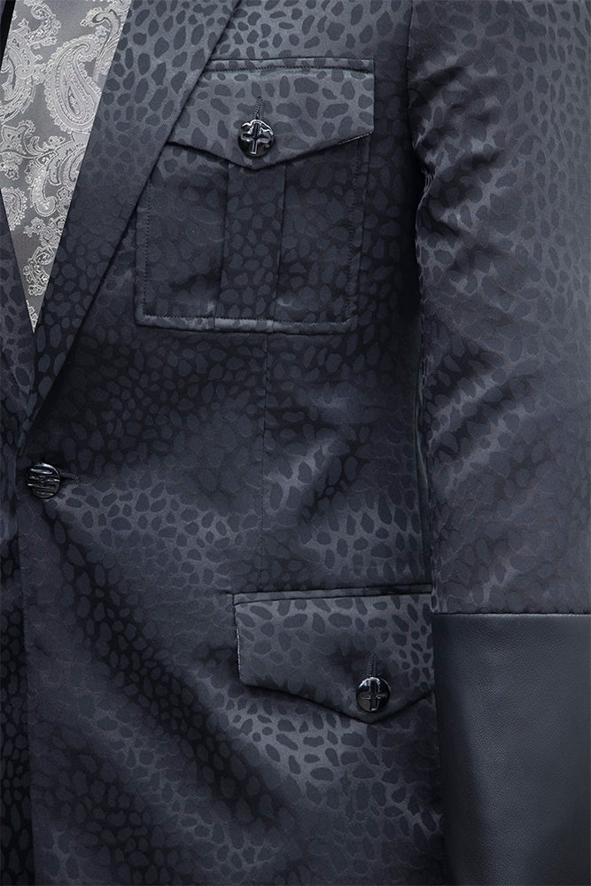 Black Animal Print Blazer Featuring Synthetic Leather Accents