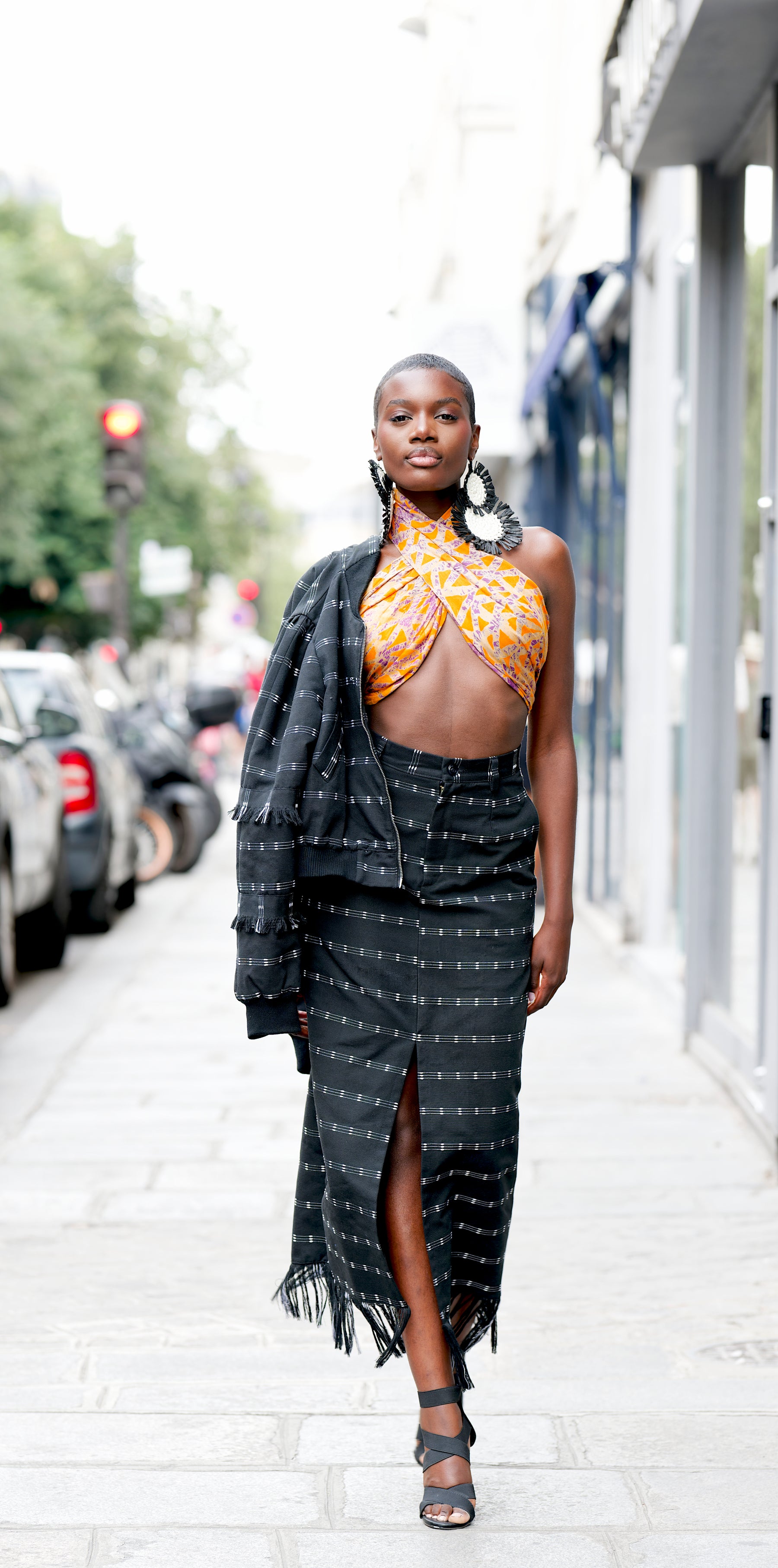 AMINA, BW Kente pencil skirt with front slit