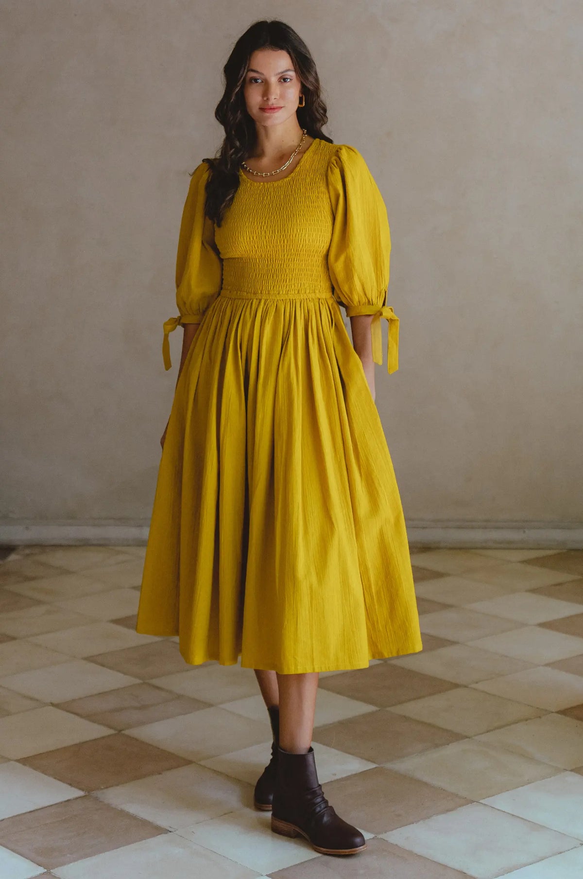Freya Smocked Linen Midi Dress - Amber