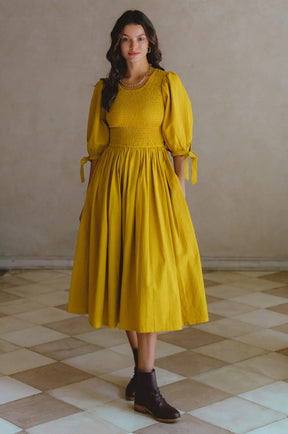 Freya Smocked Linen Midi Dress - Amber