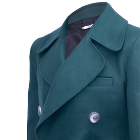 Green double-breasted coat.