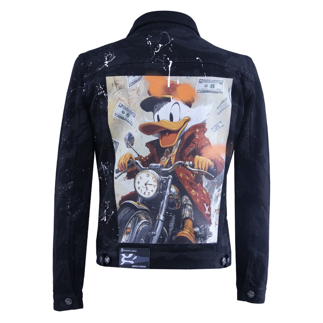 Black denim jacket with cartoon print