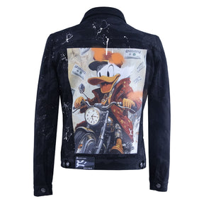 Black denim jacket with cartoon print