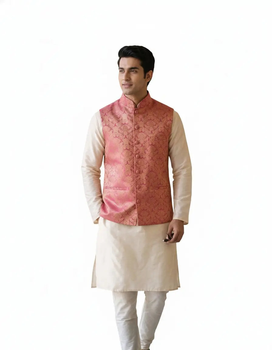 Akbar Banarasi Bandi: Men's Fuchsia Gold Floral Waist Coat