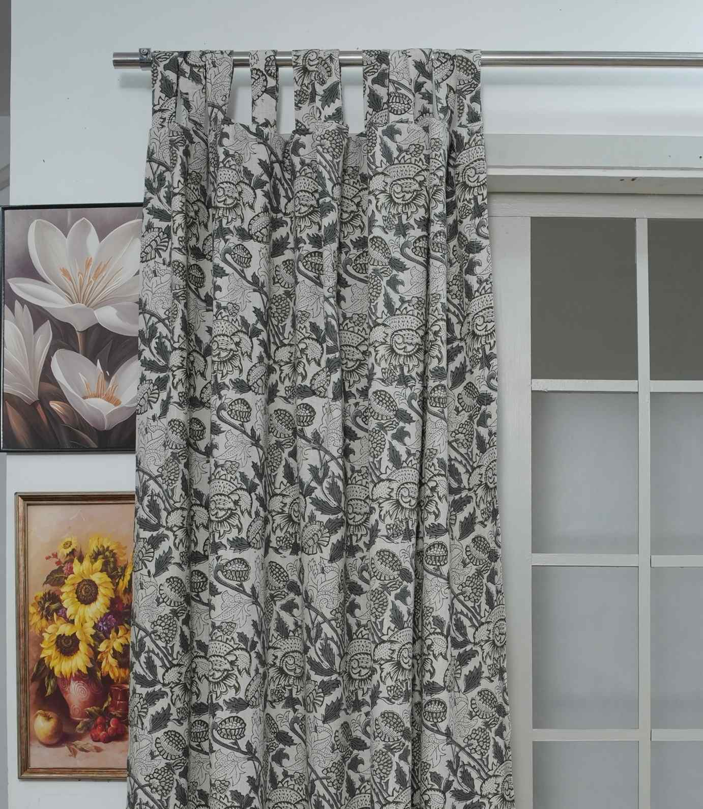 Block Print Linen Curtains – Handcrafted Gray Floral Light-filtering Window Drapes | Akashganga