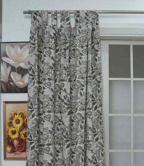 Block Print Linen Curtains – Handcrafted Gray Floral Light-filtering Window Drapes | Akashganga