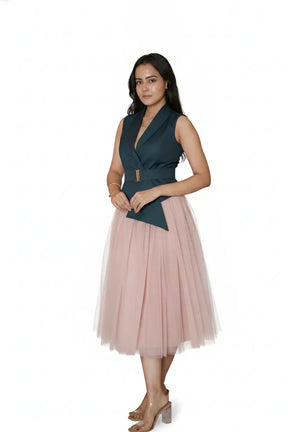 Salmon Pink Skirt & Teal Waist Coat – A Striking Duo