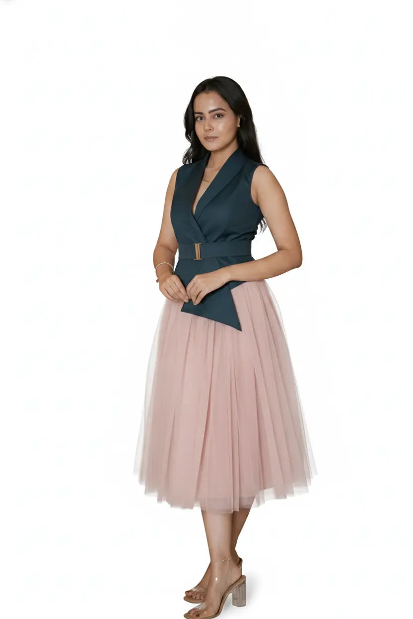 Salmon Pink Skirt & Teal Waist Coat – A Striking Duo