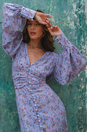 Juliette Pearl Buttons Midi Dress - Lavender Bloom