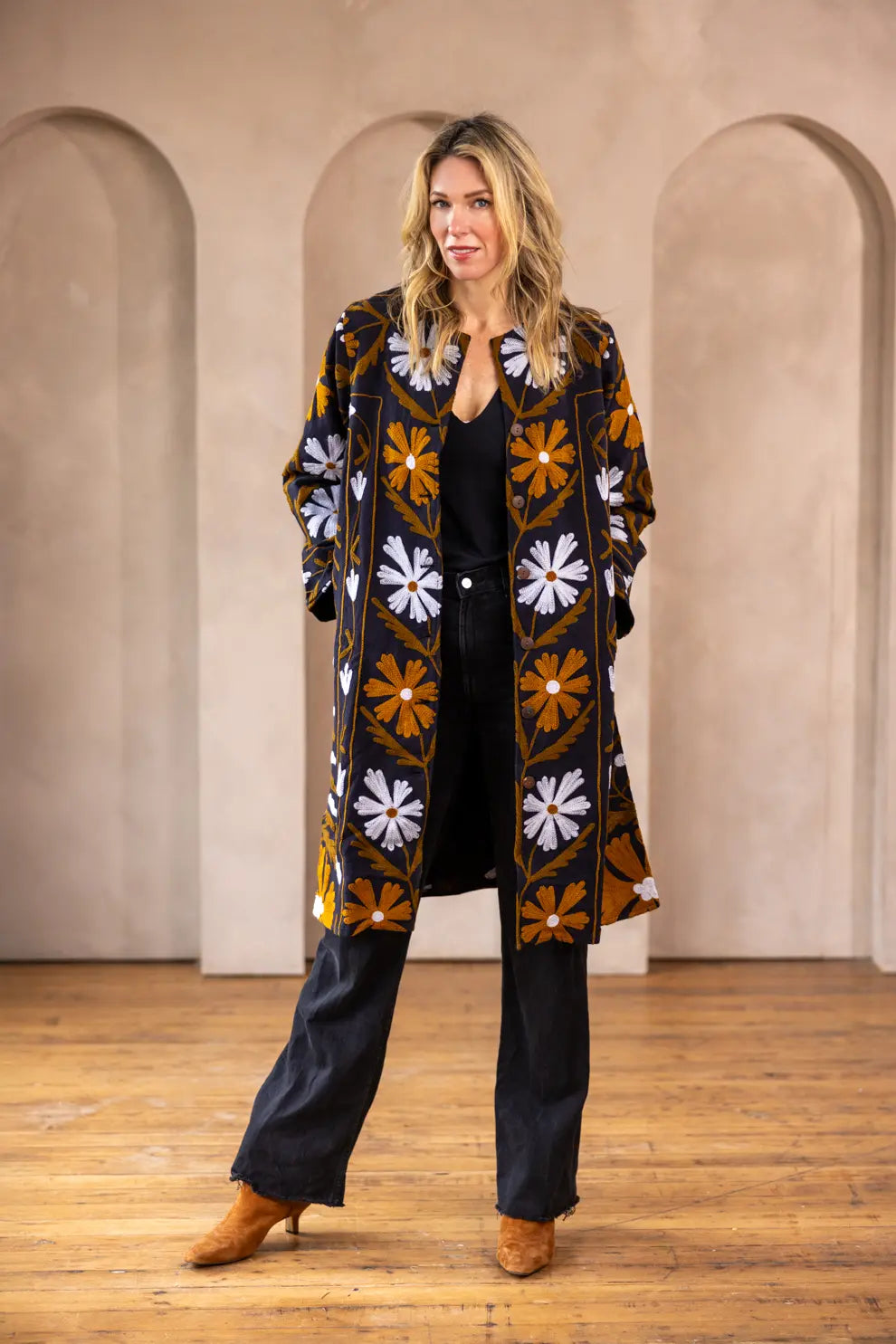 Malika Coats - Black with Brown Embroidery