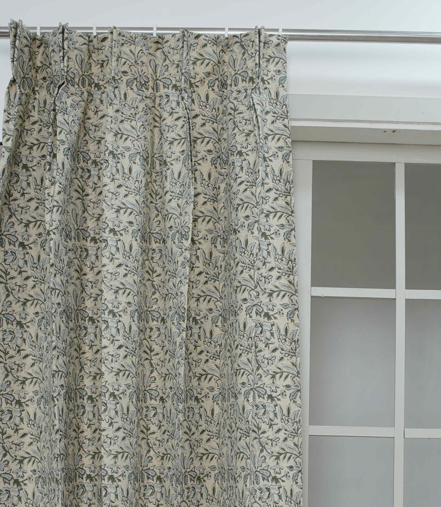 Handcrafted Floral Block Print Pleated Gray Linen Blend Ring Curtain - Semi Seer Qudrat