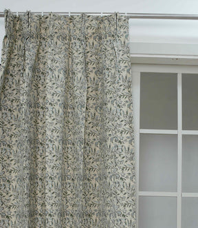 Handcrafted Floral Block Print Pleated Gray Linen Blend Ring Curtain - Semi Seer Qudrat