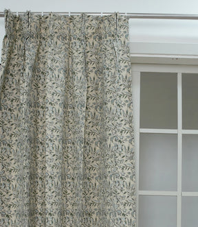 Handcrafted Floral Block Print Pleated Gray Linen Blend Ring Curtain - Semi Seer Qudrat