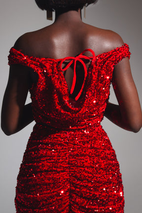 JESS Sequin Cowl Crop Top in RUBY