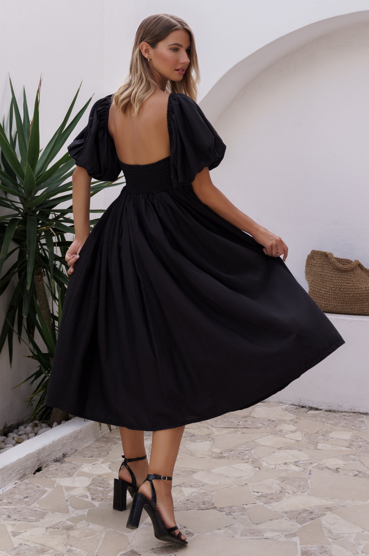 Cherie Puff Sleeve Midi Dress - Black