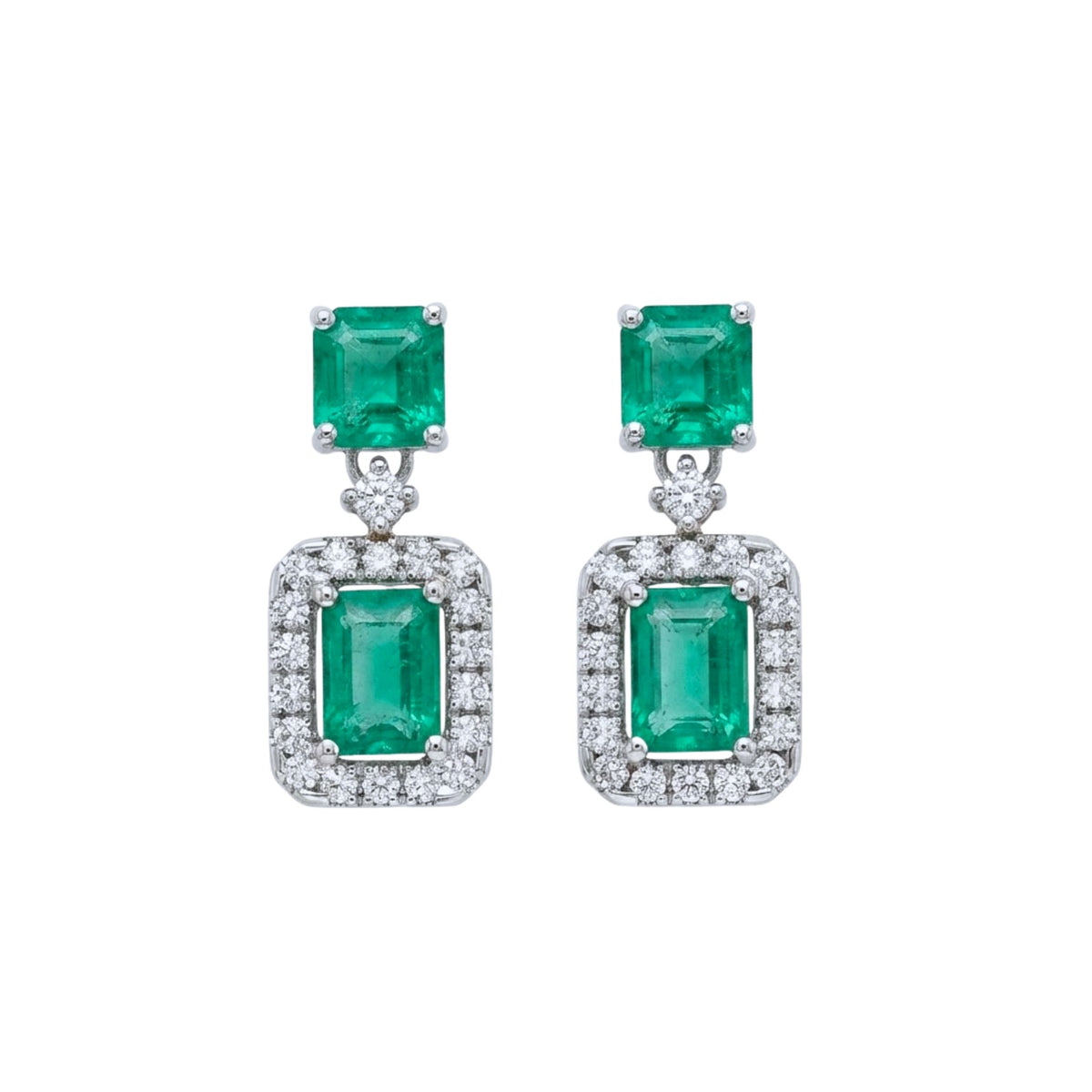 Emerald-cut Emerald & Diamond Halo Drop Earrings