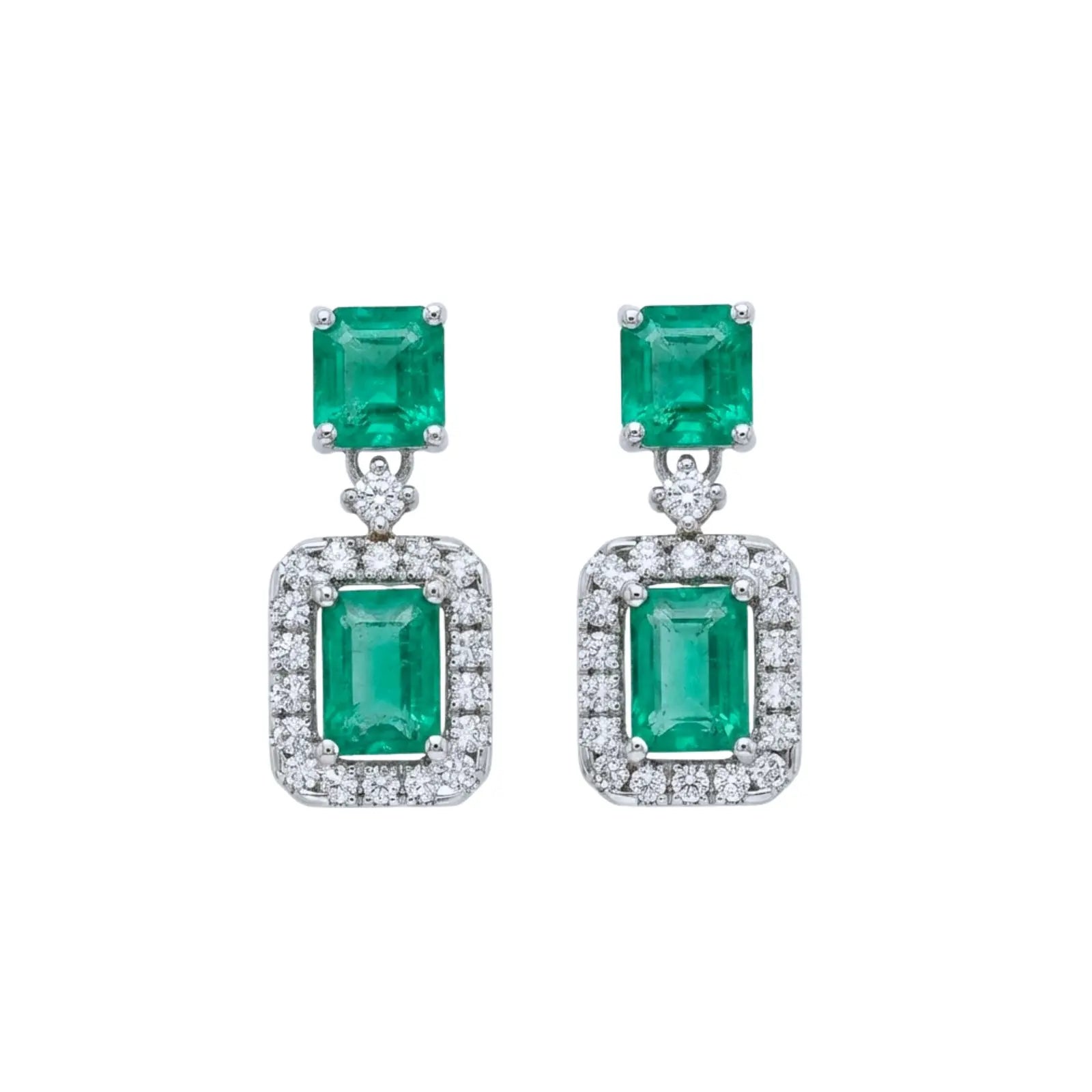 Emerald Cut Emerald & Diamond Halo Drop Earrings