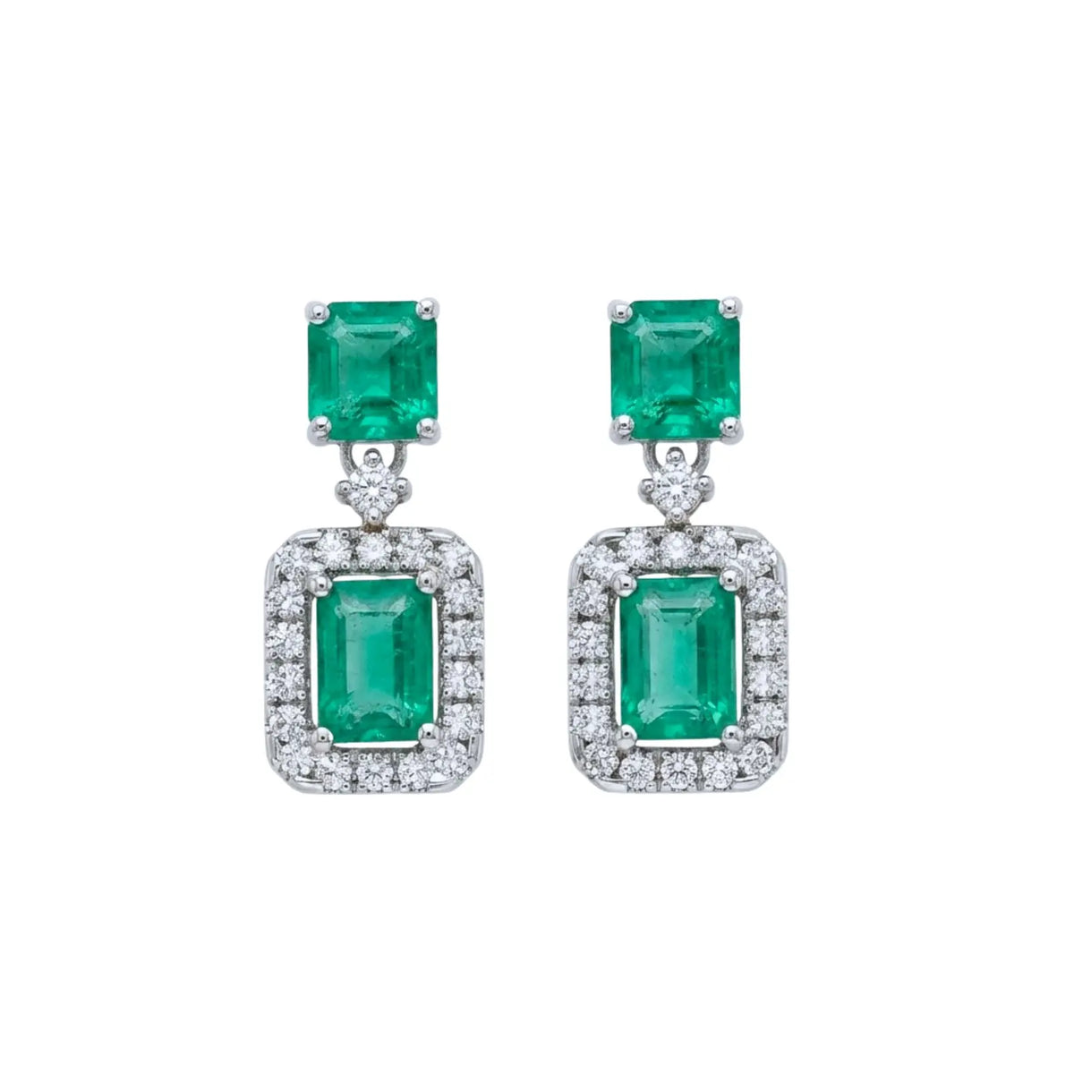 Emerald Cut Emerald & Diamond Halo Drop Earrings