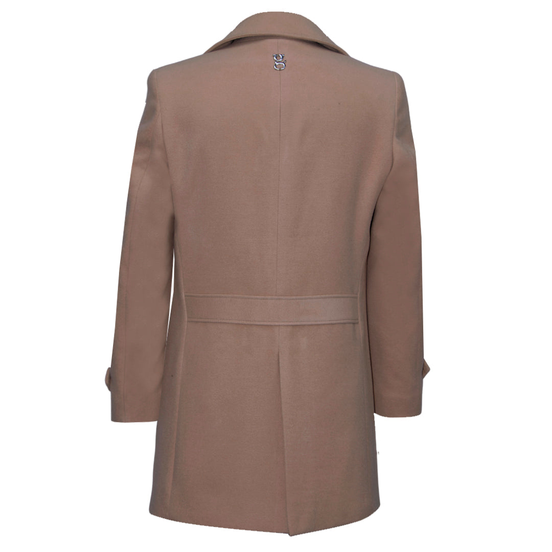 Beige double-breasted coat with wide lapels.